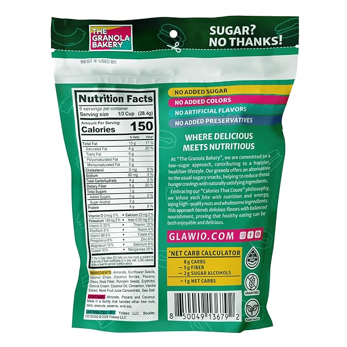 TGB Cinnamon Granola Cereal, Keto Friendly Snack, No Added Sugar, Gluten Free, High Fiber, 8oz Resealable Bag (Pack of 1)