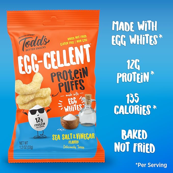 Todd's Better Snacks Egg-Cellent Protein Puffs, Sea Salt & Vinegar, 1.2 Oz (Pack of 10), Made with Egg Whites, 12g Protein, Gluten Free Healthy Snack