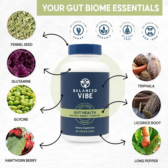 Balanced Vibe 7-in-1 Organic Gut Health Supplement | Digestive Support for Men, Women | After-Party Recovery | Helps Reduce Bloating, Promotes Optimal Digestion | Gut Support for Daily Wellness(90 ct)