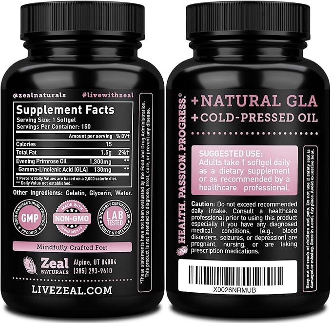 Evening Primrose Oil Capsules (150 Liquid Softgels 1300mg) Premium 10% GLA