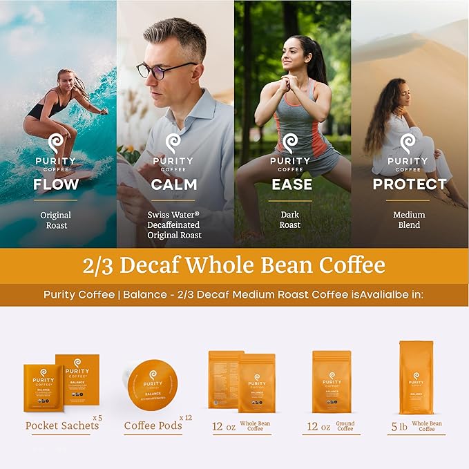 Purity Coffee BALANCE ⅔ Decaf Medium Roast Whole Bean Coffee (12oz Bag) - Specialty-Grade Mountain Water Processed Decaf + Regular Arabica Blend- USDA Certified Organic Decaffeinated - Third Party Tested for Mold, Mycotoxins, Pesticide Residue