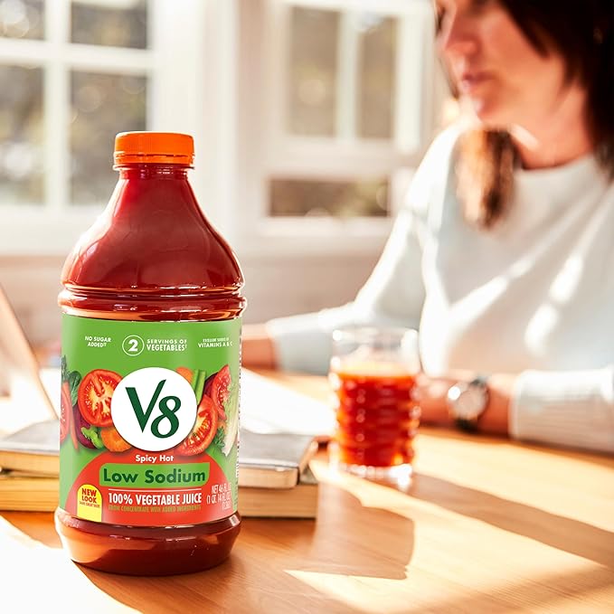V8 Low Sodium Spicy Hot 100% Vegetable Juice, 46 fl oz Bottle (6 Pack)