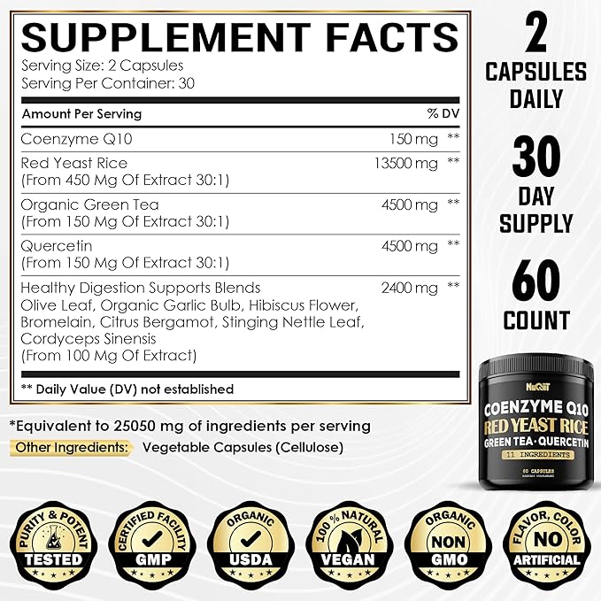 Red Yeast Rice 13500mg Green Tea 4500mg Quercetin 4500mg Supplement 60 Capsules
