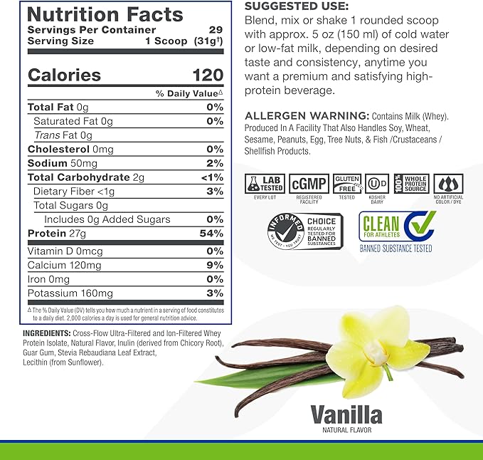 ALLMAX ISONATURAL Whey Protein Isolate, Vanilla 2 lb 27 Grams 99% Lactose 29 Servings