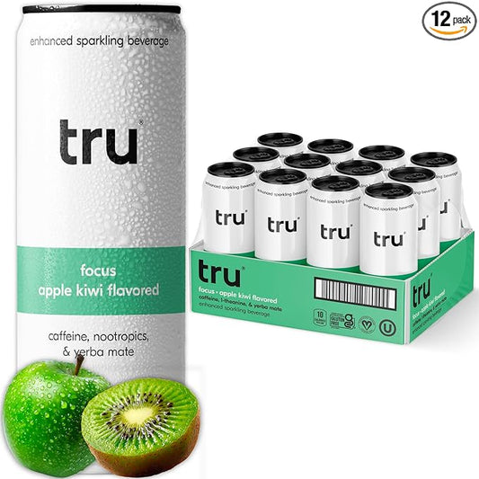 Tru Focus Seltzer, Adaptogen Nootropic Drink with Yerba Mate, Apple Flavor, Sparkling Water, 100mg Natural Caffeine, Kosher, Gluten-Free, Vegan, Low-Calorie, No Sugar Added, 12oz (Pack of 12)