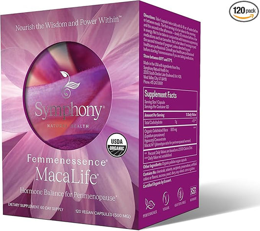Femmenessence MacaLife – Clinically Proven for Perimenopause, Women’s Natural Hormone Balance Supplements, Relief of Hot Flashes, Night Sweats, Mood Swings, Dryness, 120 Maca Capsules, 60-Day Supply