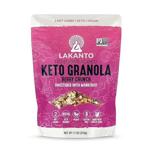 Lakanto Berry Crunch Granola - Delicious Snack, Quick Breakfast Cereal, Keto Friendly, Monk Fruit Sweetener, No Sugar Added, Vegan, Gluten Free, Grain Free, 3g Net Carbs (11 oz)