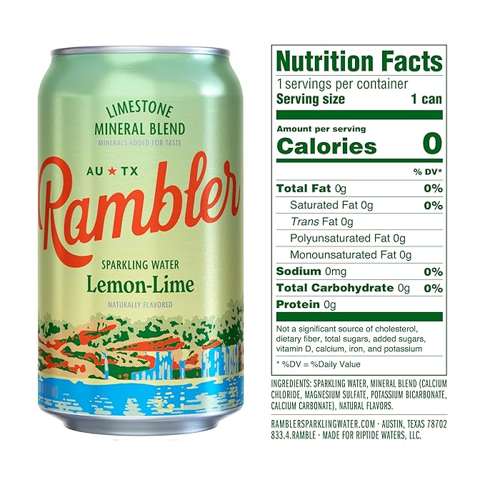 AUTX RAMBLER Variety Pack Sparkling Water, Limestone Mineral Blend, Original, Lemon Lime, Grapefruit, 12-Ounce Cans, 24-Pack