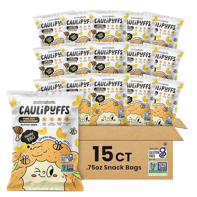 Honey BBQ CauliPuffs - Corn, Rice, and Cauliflower Gluten Free Puffed Snack (Box of 15, 0.75oz bags)