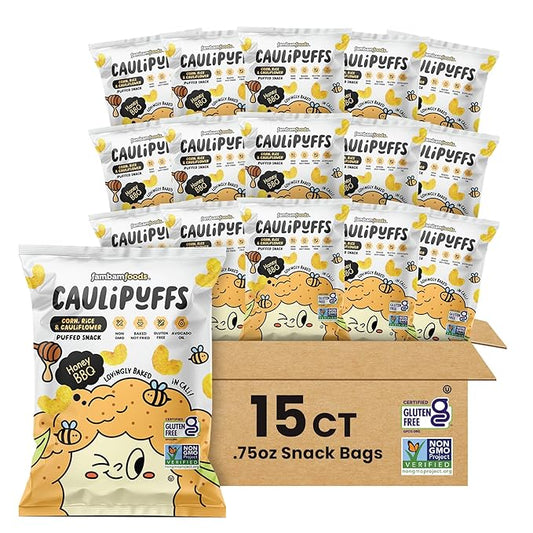 Honey BBQ CauliPuffs - Corn, Rice, and Cauliflower Gluten Free Puffed Snack (Box of 15, 0.75oz bags)