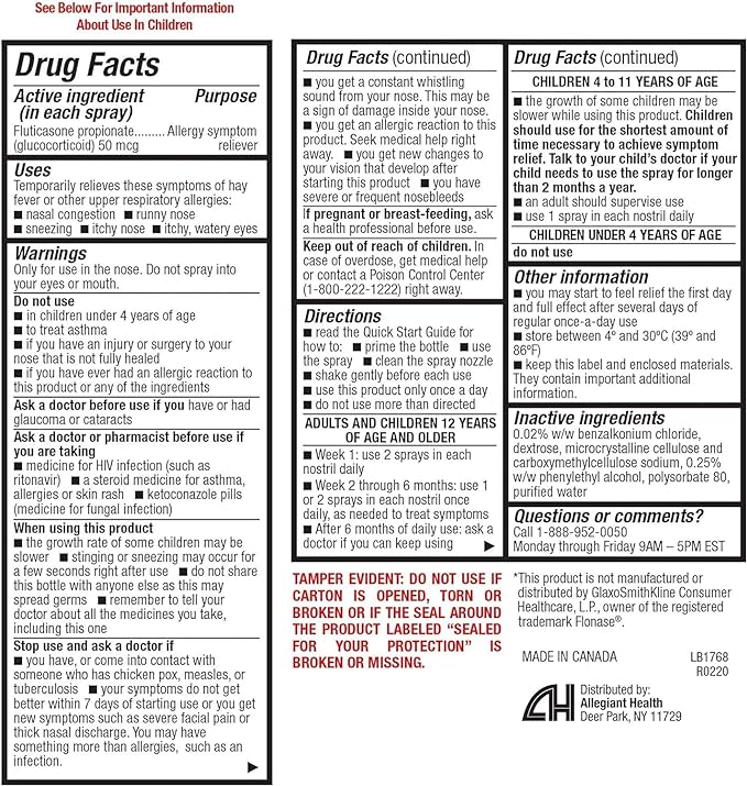 HealthA2Z® Fluticasone Propionate Nasal Spray 50 mcg 24 Hour 144 Sprays 0.62 fl (18.2mL) |