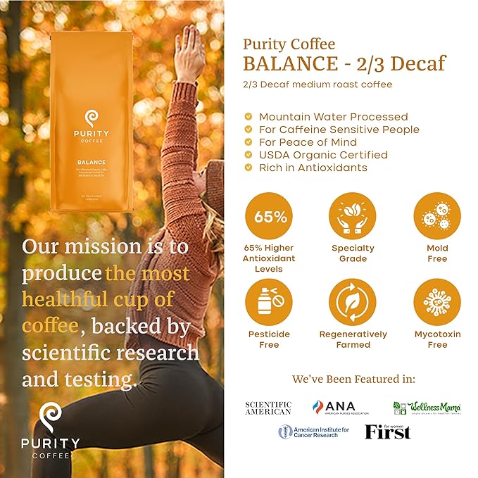 Purity Coffee BALANCE ⅔ Decaf Medium Roast Whole Bean Coffee (12oz Bag) - Specialty-Grade Mountain Water Processed Decaf + Regular Arabica Blend- USDA Certified Organic Decaffeinated - Third Party Tested for Mold, Mycotoxins, Pesticide Residue