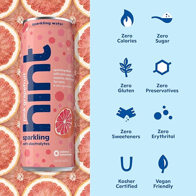 Hint Sparkling Water, Pink Grapefruit - Canned Flavored Water Beverages with Electrolytes, Zero Calories, and Sugar Free - 12 Fl Oz Cans (Pack of 12)