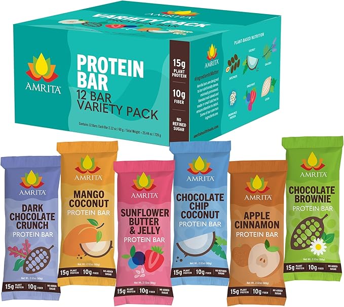 AMRITA Vegan Protein Bars Variety Pack (6 Flavors) 15g Plant