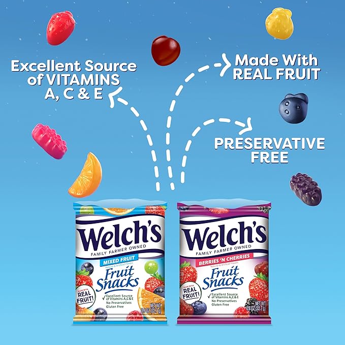 Welch's Fruit Snacks, Mixed Fruit & Berries 'N Cherries Variety Pack, Great for School Lunches, Bulk Pack, Individual Single Serve Bags, 0.8 oz (Pack of 60)