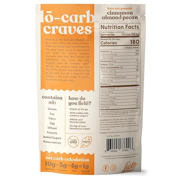 Livlo Keto Nut Granola Cereal - Grain Free & Gluten Free - 1g Net Carbs - Keto Friendly Low Carb Healthy Snack - Paleo & Diabetic Friendly Food - Cinnamon Almond Pecan, 11oz