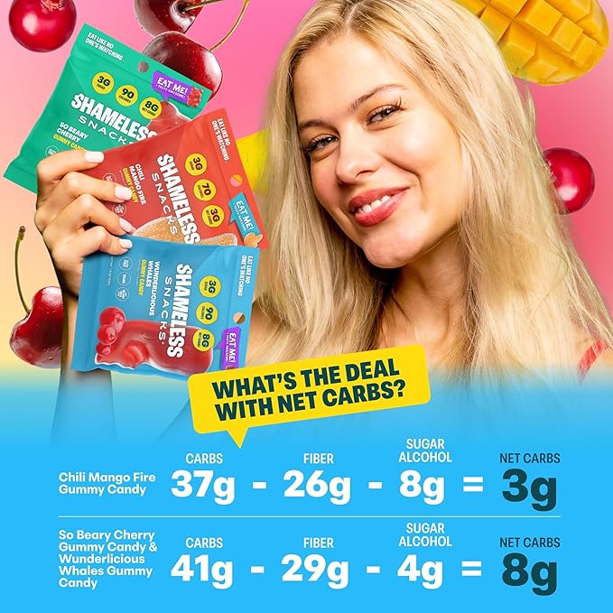 Shameless Snacks New Flavors Bundle Healthy Low Carb Keto Gummies Beary Cherry, Wunderlicious Whales and Chilli Mango