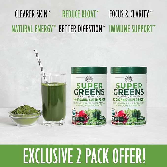 COUNTRY FARMS Super Greens Natural Flavor, 50 Organic 40 Servings, 10.6 Oz, 2 Pack
