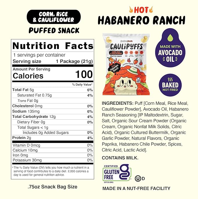 Habanero Ranch CauliPuffs - Corn, Rice, and Cauliflower Gluten Free Puffed Snack – (Box of 15, 0.75oz bags)