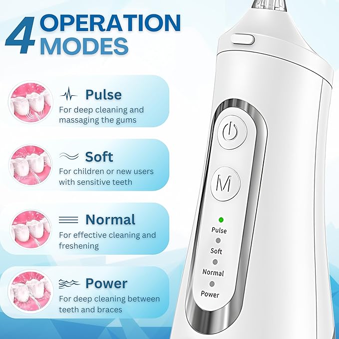 Dental Water Flosser Cordless, 310ML Electric 4 Cleaning 8 Replaceable IPX7 Waterproof (8 Tips)