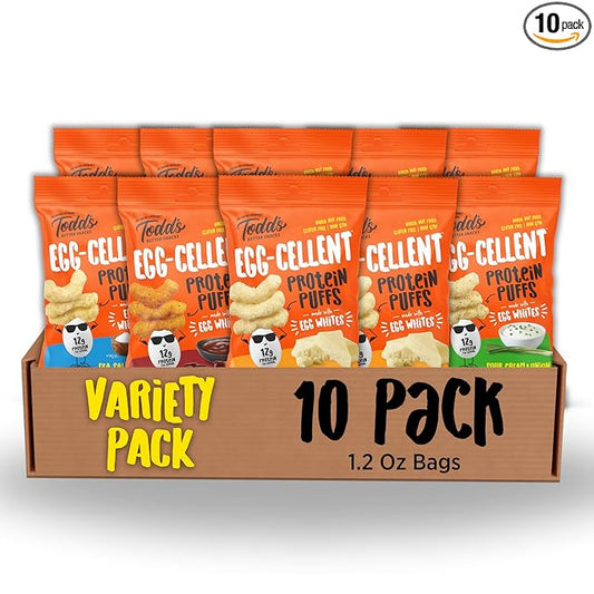 Todd's Better Snacks Egg-Cellent Protein Puffs, Variety Pack, 1.2 Oz (Pack of 10), Made with Egg Whites, 12g Protein, Gluten Free Healthy Snack