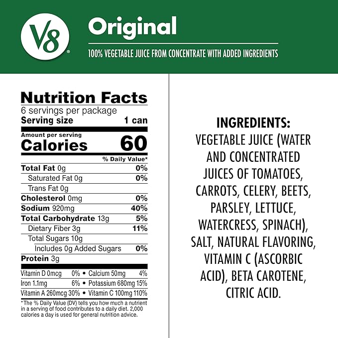 V8 Original 100% Vegetable Juice, 11.5 fl oz Can (6 Pack)