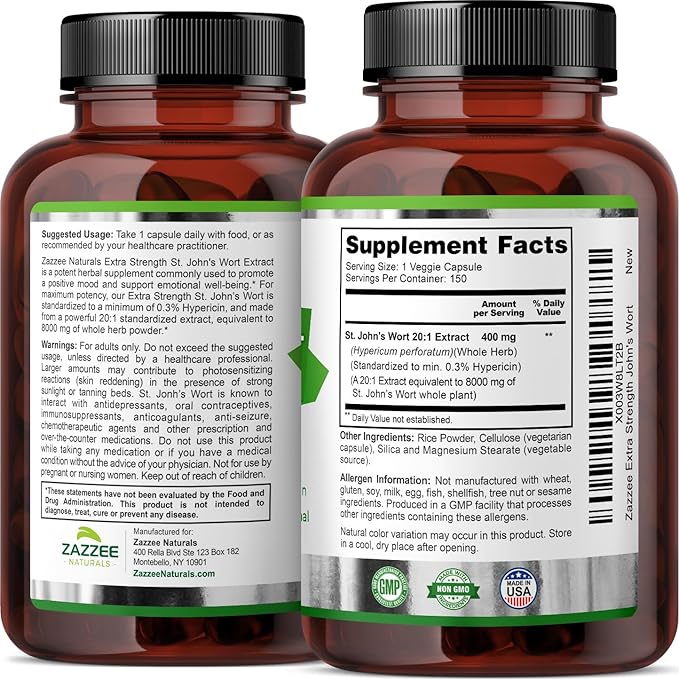 Zazzee Extra Strength St. John’s Wort 20:1 Extract, 8000 mg 0.3% Hypericin, 150 Vegan 5 Month 20X Extract, 100% Vegetarian,