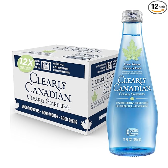 Clearly Canadian Clearly Sparkling Limon Essence Unsweetened Flavored Sparkling Mineral Water, Zero Sugar & Zero Calories, 1 Case (12 Bottles x 325mL)