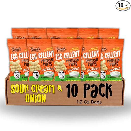 Todd's Better Snacks Egg-Cellent Protein Puffs, Sour Cream & Onion, 1.2 Oz (Pack of 10), Made with Egg Whites, 12g Protein, Gluten Free Healthy Snack