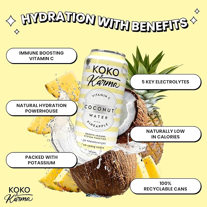 Koko & Karma – Premium Coconut Water with Pineapple & Vitamin C, Refreshing Taste with Natural Sweetness – 12 Pack, 16.9 Ounce Cans
