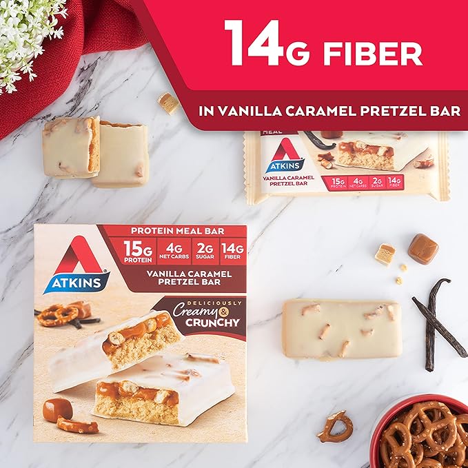 Atkins Chocolate Chip Granola Protein Meal Bar, 12 Count & Vanilla Caramel Pretzel Protein Meal Bar, 5 Count Bundle
