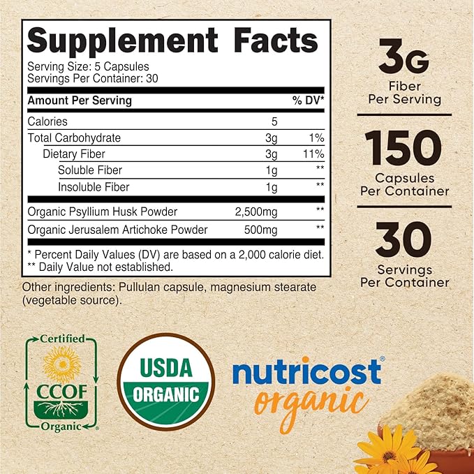 Nutricost Fiber Capsules with Prebiotic Fiber 150 Capsules 3 G
