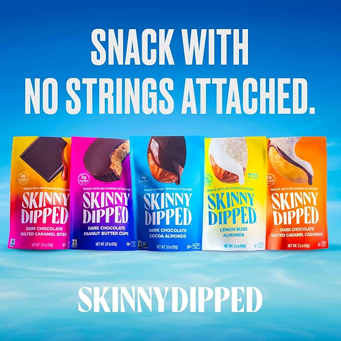 SkinnyDipped Uncovered Dark Chocolate Peanut Butter Cups, Healthy Snack, Plant Protein, Gluten Free, 3 oz Resealable Bags, Pack of 4