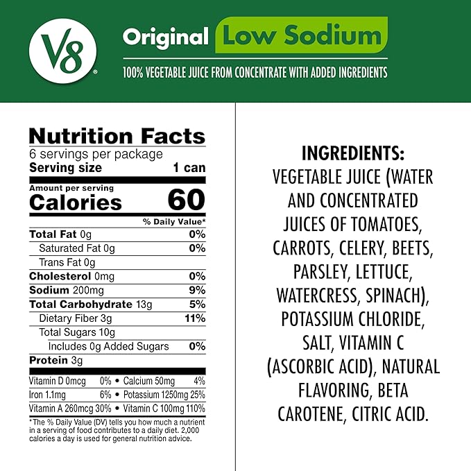 V8 Low Sodium Original 100% Vegetable Juice, 11.5 fl oz Can (6 Pack)