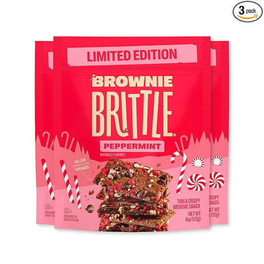 Brownie Brittle – Chocolate Chip Peppermint Thin and Crispy Sweet Snacks (Pack of 3, 4 oz), Rich Gourmet Brownie Bites Dessert