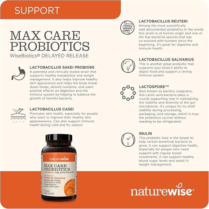 NatureWise Max Probiotics for Women & Men 30 Billion 18 Strains 60 Capsules[2-Month Capsules[2-Month Supply]
