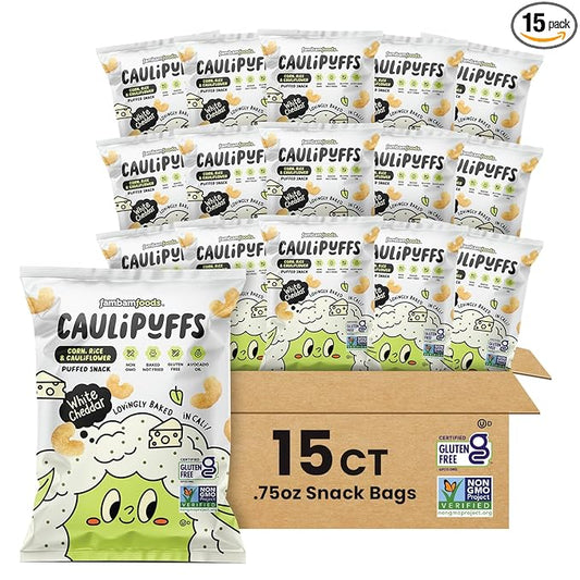 White Cheddar CauliPuffs - Corn, Rice, and Cauliflower Gluten Free Puffed Snack (Box of 15, 0.75oz bags)