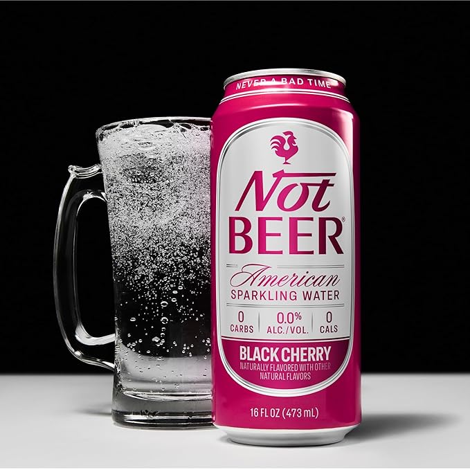Not Beer American Sparkling Water, Black Cherry, 99.9% Pure, Mineral & Electrolyte Blend, Carbonated Water, Soda Water, Sparkling Water Cans, Made in America, 16 Oz Tallboy Cans, 8 Pack
