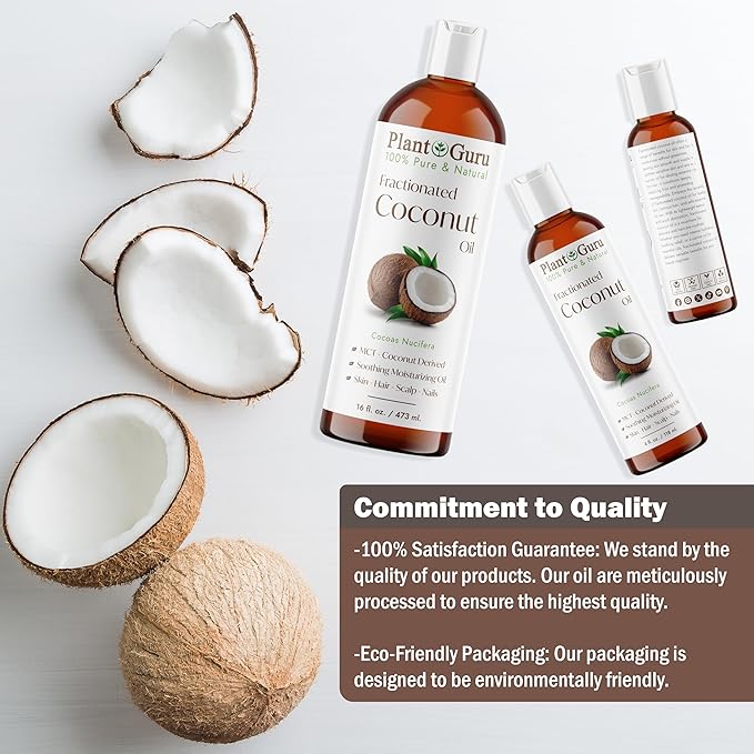 Plant Guru Fractionated Coconut Oil 16 fl. oz. 100% Pure MCT Natural Carrier - Skin, Face, Body, Massage and Hair Growth Moisturizer, Great for Diluting Aromatherapy Essential Oils