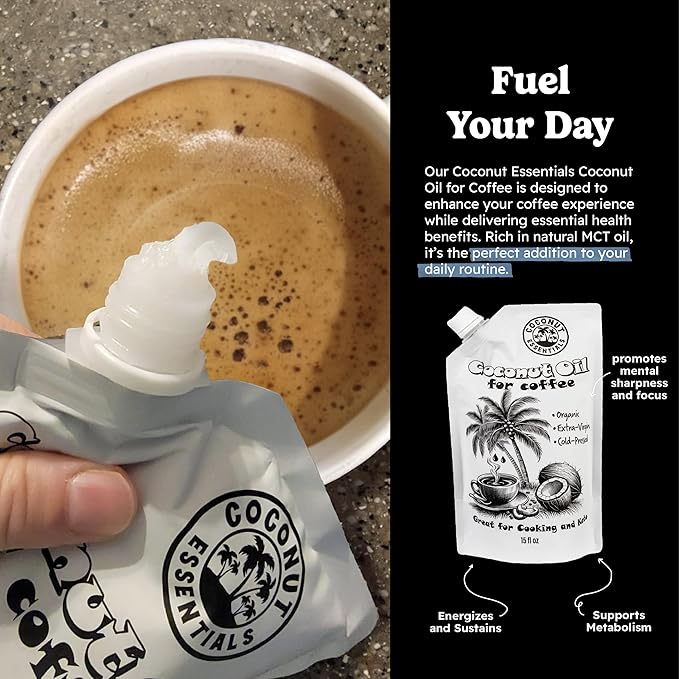 Coconut Essentials - Coconut Oil for Coffee, Organic, Cold-pressed Coconut Oil, Fresh and Rich Flavor for Cooking, Keto Friendly, Natural MCT oil, Coffee Oil for Weight Loss, 1 Pouch, 15 fl oz