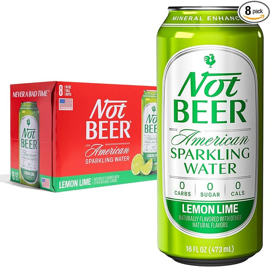 Not Beer American Sparkling Water, Lemon Lime, 99.9% Pure, Mineral & Electrolyte Blend, Flavored Carbonated Soda Water, Made in America, 16 Oz Tallboy Cans, 8 Pack