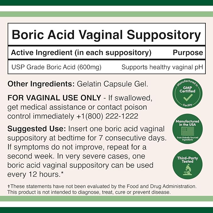 Boric Acid Suppositories (600mg Vaginal Suppository, 60 Count)