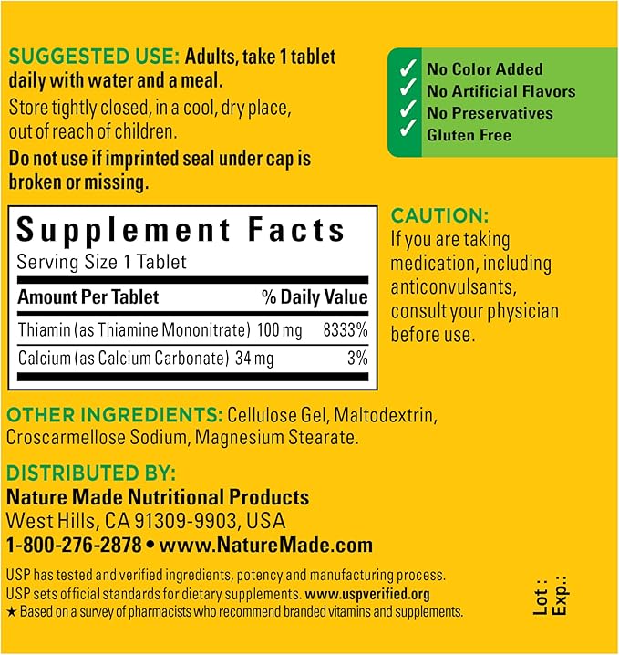 Nature Made Vitamin B1 100 mg, 100 Tablets, 100 Day