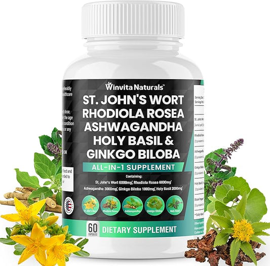 St Johns Wort 6000mg Rhodiola Rosea 6000mg Ashwagandha 3000mg Holy 2000mg Ginkgo 1000mg -