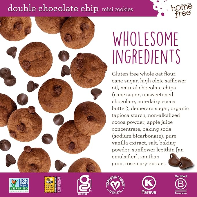 Homefree Mini Double Chocolate Chip Cookie Box, Gluten Free, Nut Free, Vegan, School Safe and Allergy Friendly Snack, 1 LB Bag (Pack of 3)