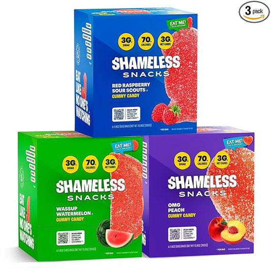 Shameless Snacks Fan Favorites Bundle Healthy Low Carb Keto Gummies Red Raspberry, Watermelon and Sour Peach