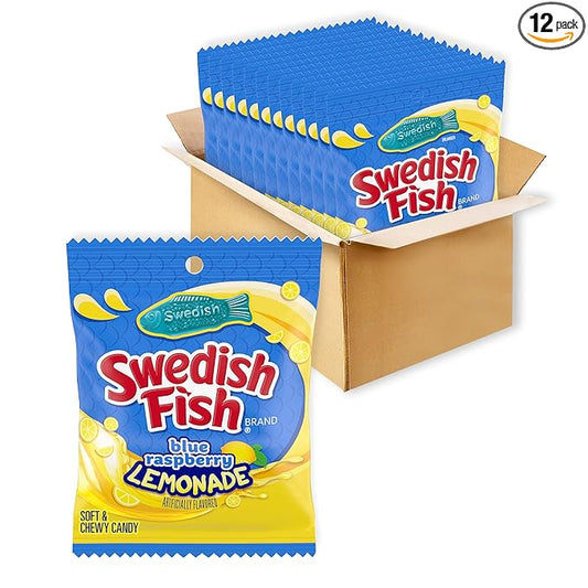 SWEDISH FISH Blue Raspberry Lemonade Soft & Chewy Candy, Bulk Candy, 12-3.59 oz Bags