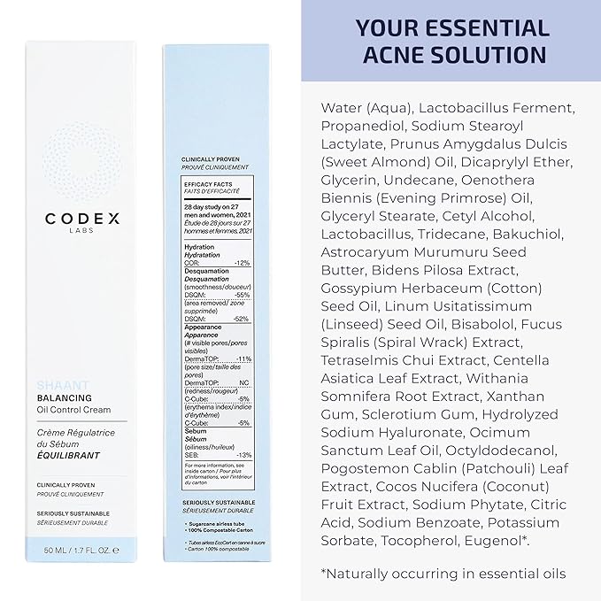 Codex Labs Shaant Balancing Face Cream - Plant Retinol Alternative & Oil Control - For Acne Prone Skin, All Skin Types - With 1% Bakuchiol, Ashwagandha - Cruelty-Free, Vegan Skincare (50ml)