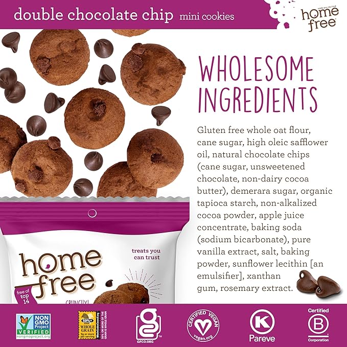 Homefree Treats You Can Trust Gluten Free Mini Cookies, Single Serve, Double Chocolate Chip, 0.95 Ounce (Pack of 30)