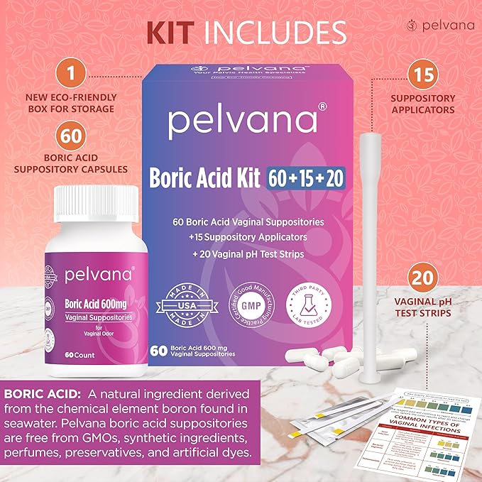 Pelvana Boric Acid Suppositories for Women 60 + 15 Applicators 20 pH 95 Piece